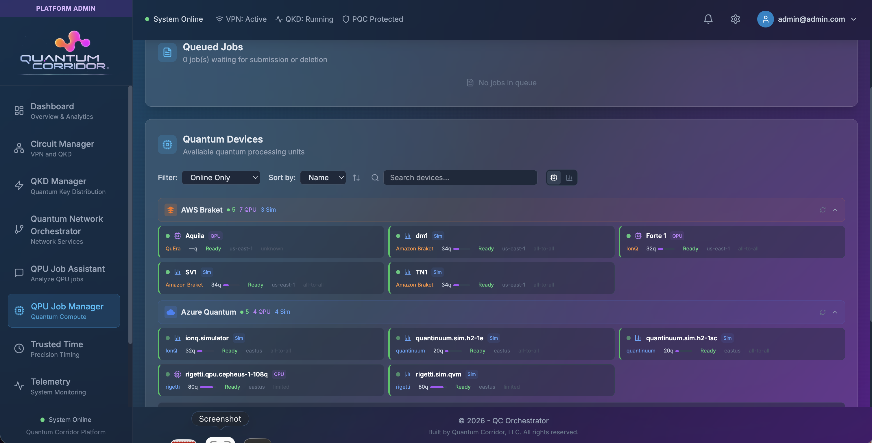 Quantum-as-a-Service platform screenshot showing multi-QPU access interface