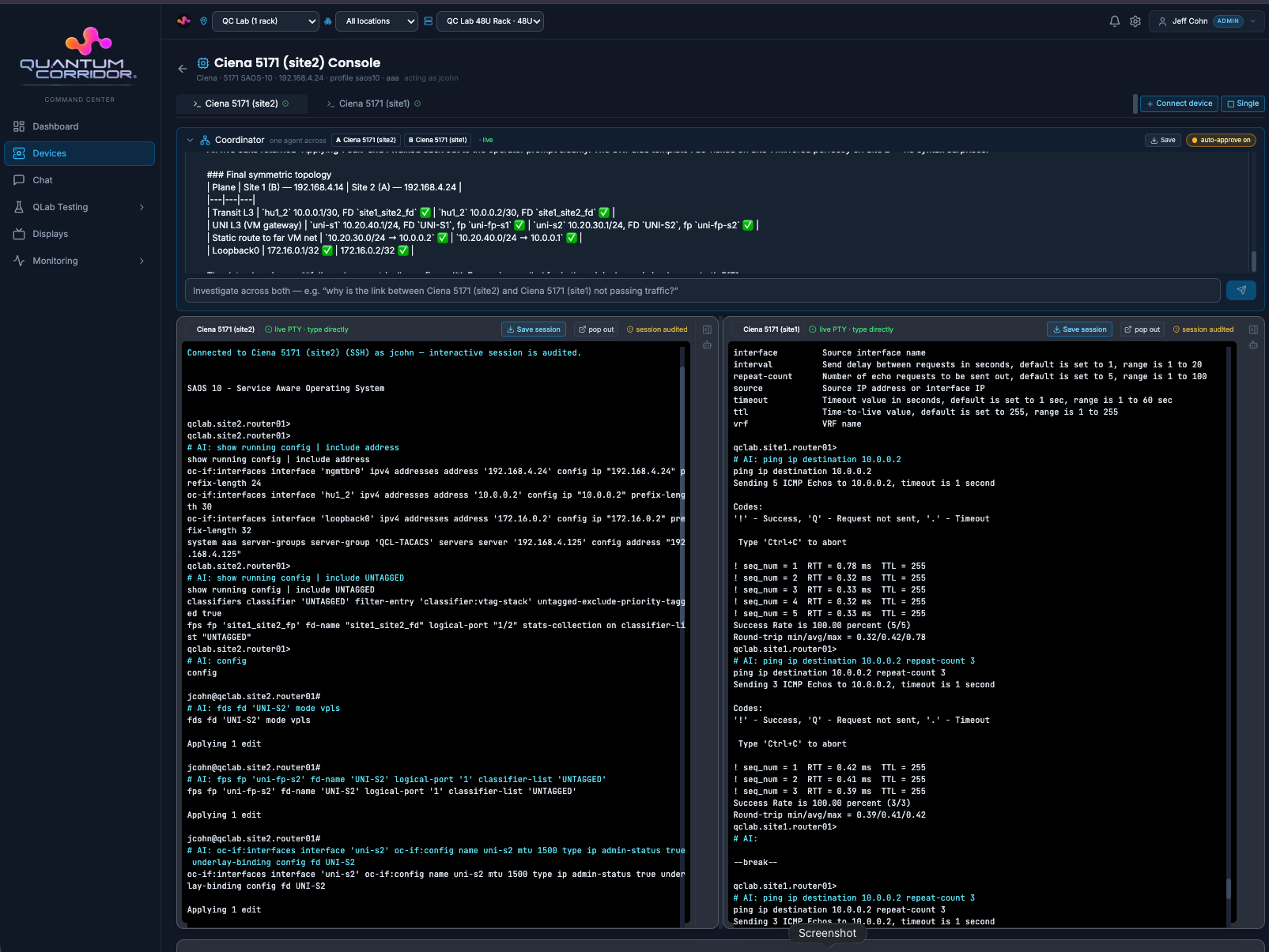 Network operations console — live sessions to hardware across multiple sites